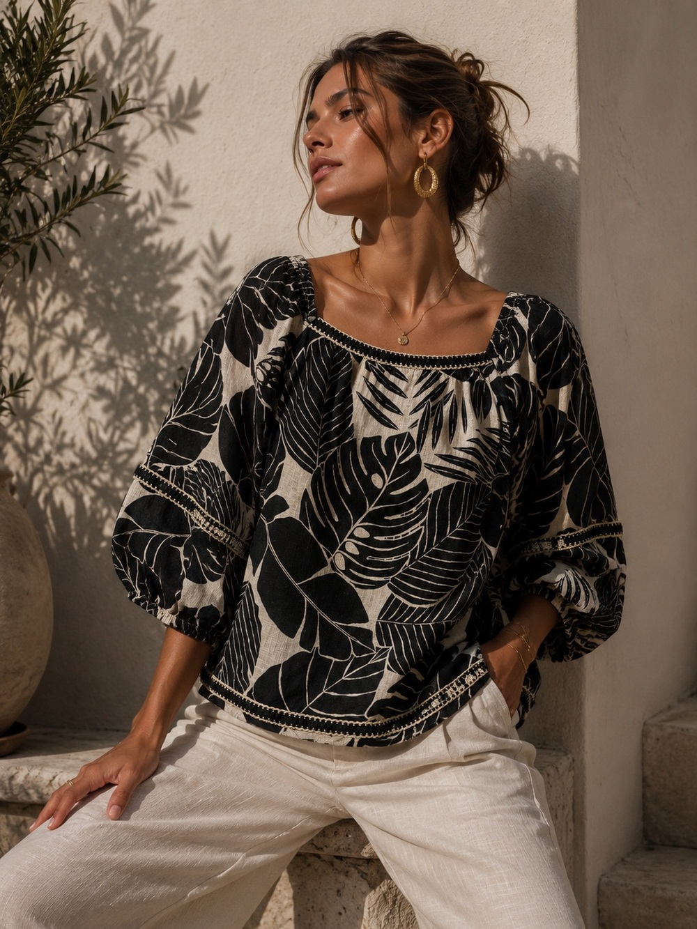 Cynthia Rowley 100% Linen Tropical Leaf Blouse | Balloon Sleeve Resort Top | Lg